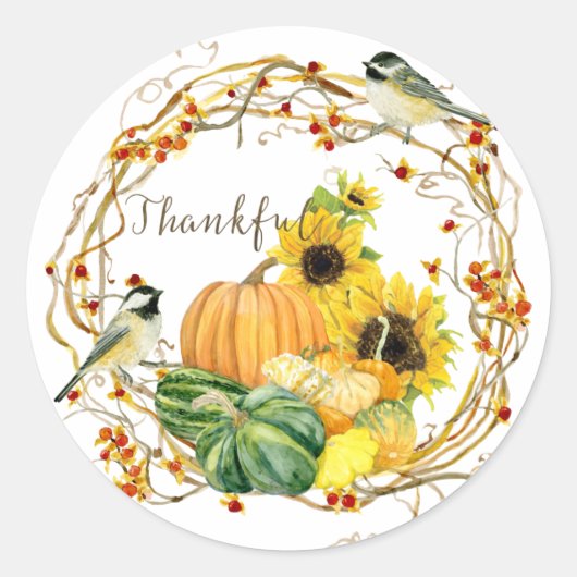 Herfst Sunflower Pumpkin Floral Thankful Script Ar Ronde Sticker (Voorkant)