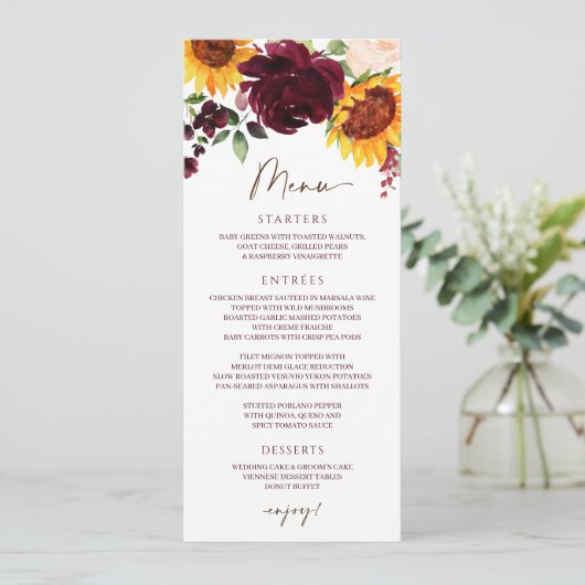 Herfst Sunflower Rozen Burgundy Red Wedding Menu (Staand voorkant)