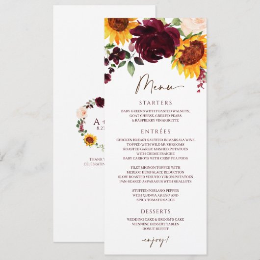 Herfst Sunflower Rozen Burgundy Red Wedding Menu (Voorkant / Achterkant)
