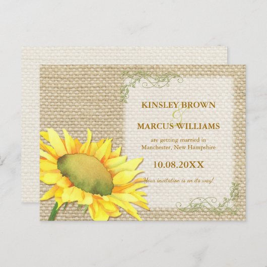 Herfst Sunflower Rustic Burlap Wedding Save the Da Aankondigingskaart (Voorkant / Achterkant)