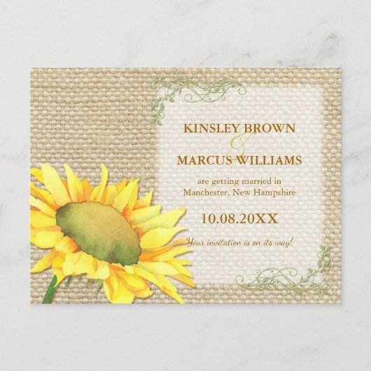 Herfst Sunflower Rustic Burlap Wedding Save the Da Aankondigingskaart (Voorkant)