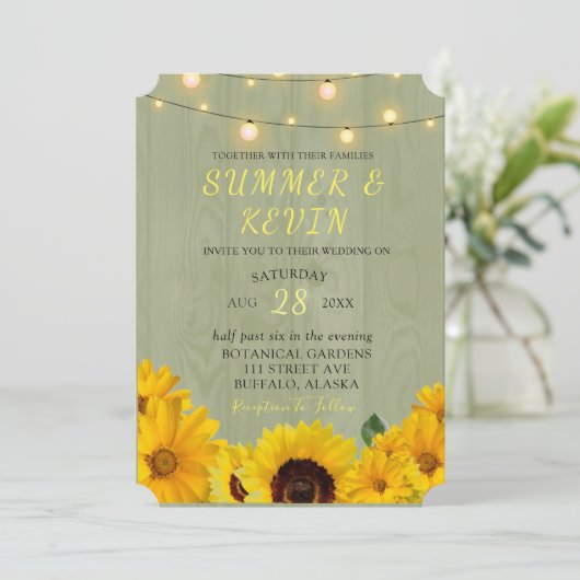 Herfst Sunflower Sage Wood string of Lights Weddin Kaart (Staand voorkant)