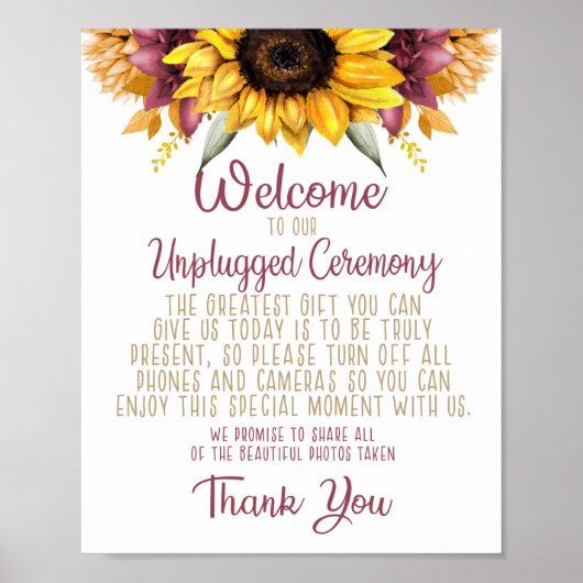 Herfst Sunflower Unplugged Wedding Poster (Voorkant)