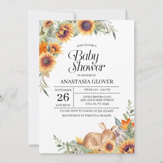 Herfst Sunflower Woodland Baby shower Uitnodiging (Voorkant)