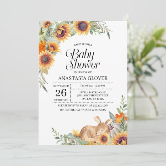 Herfst Sunflower Woodland Baby shower Uitnodiging (Staand voorkant)