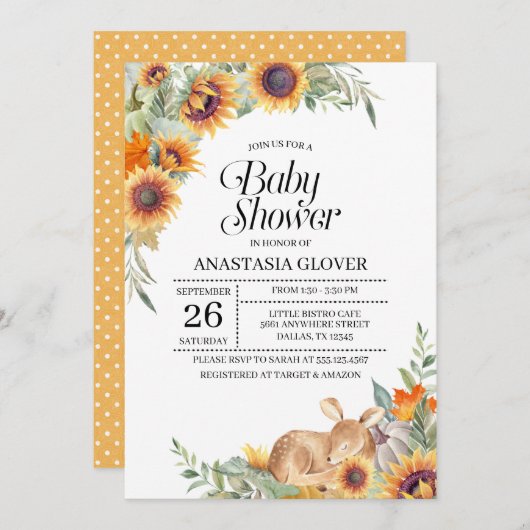 Herfst Sunflower Woodland Baby shower Uitnodiging (Voorkant / Achterkant)