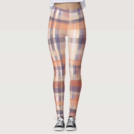 Herfst tartan plaid beige sinaasappel pruim check leggings (Voorkant)