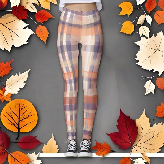 Herfst tartan plaid beige sinaasappel pruim check leggings