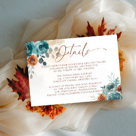 Herfst Teal Verbrand Oranje Boho Trouwdetails Informatiekaartje