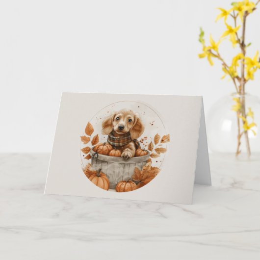 Herfst teckel honden pompoen kaart (Gele Bloem)