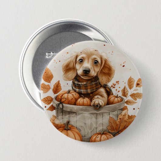 Herfst teckel honden pompoen ronde button 7,6 cm (Voorkant /achterkant)