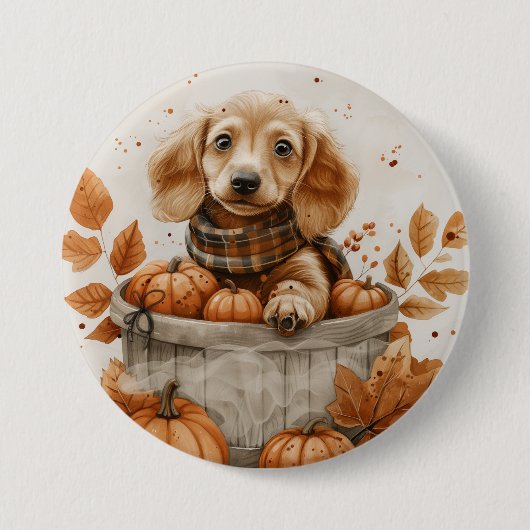 Herfst teckel honden pompoen ronde button 7,6 cm (Voorkant)