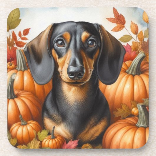 Herfst Teckel Verrukking: Zwart en Tan Herfst Coas Bier Onderzetter (Voorkant)