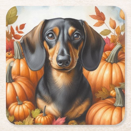 Herfst Teckel Verrukking: Zwart en Tan Herfst Coas Kartonnen Onderzetters (Voorkant)