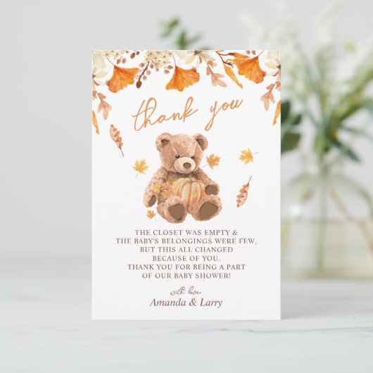 Herfst Teddy Bear Baby shower Bedankkaart (Staand voorkant)
