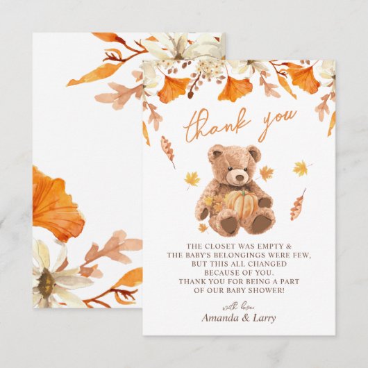 Herfst Teddy Bear Baby shower Bedankkaart (Voorkant / Achterkant)