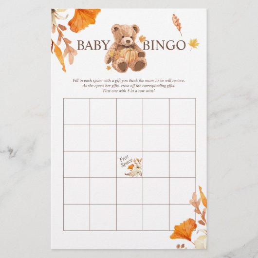 Herfst Teddybeer BINGO Baby Shower Spel Flyer (Voorkant)