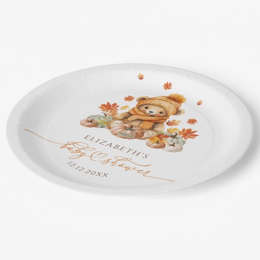 Herfst Teddybeer met pompoenen Baby shower Papieren Bordje (Gekanteld)
