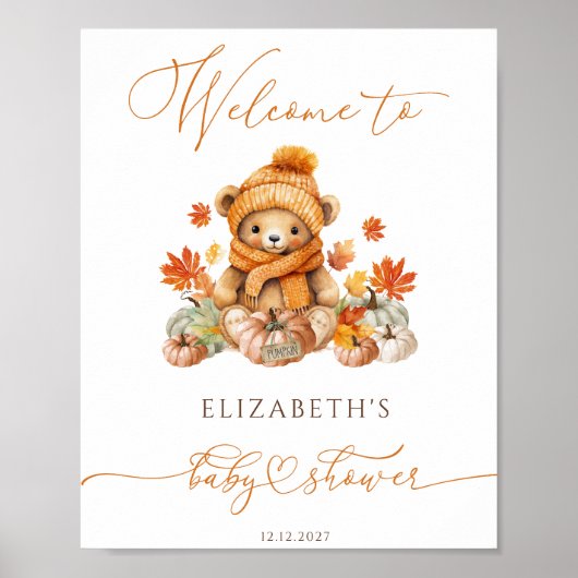 Herfst Teddybeer & pompoenen Baby shower Welkom Poster (Voorkant)