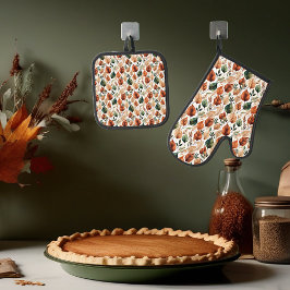 Herfst terra cotta en salie bladeren patroon ovenwant & pannenlap set