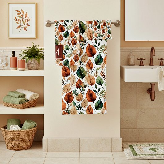 Herfst terra cotta en salie bladeren patroonmonogr bad handdoek
