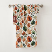 Herfst terra cotta en salie bladeren patroonmonogr bad handdoek (Insitu)