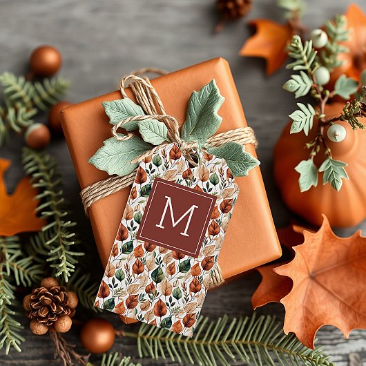 Herfst terra cotta en salie bladeren patroonmonogr cadeaulabel