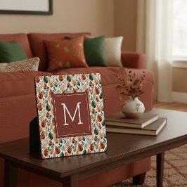 Herfst terra cotta en salie bladeren patroonmonogr fotoplaat