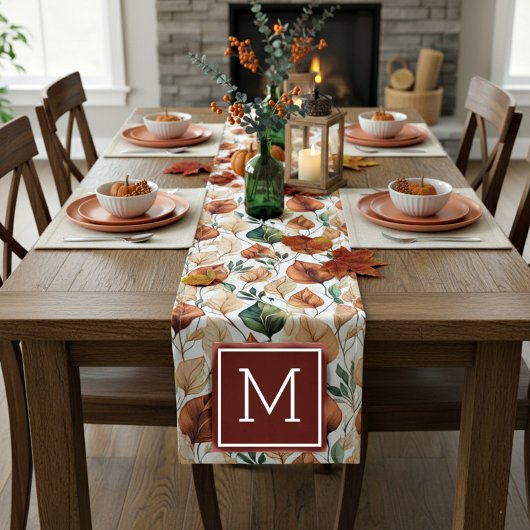 Herfst terra cotta en salie bladeren patroonmonogr korte tafelloper