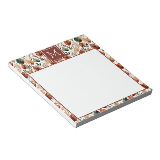 Herfst terra cotta en salie bladeren patroonmonogr notitieblok (Schuin)