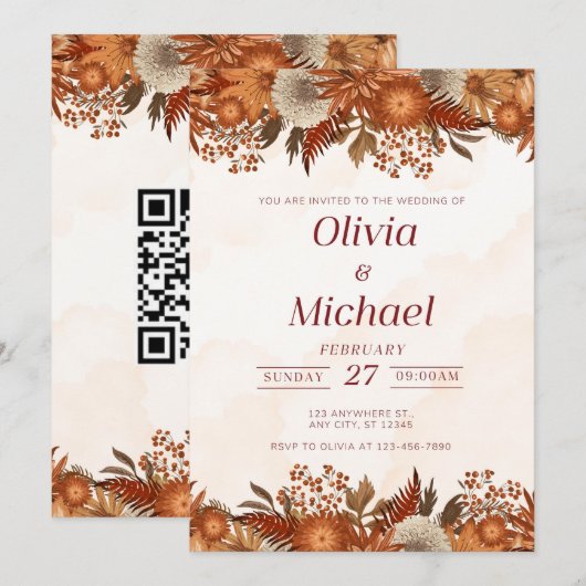 Herfst Terracotta Bloemencode QR Code Trouwuitnodi Kaart (Voorkant / Achterkant)