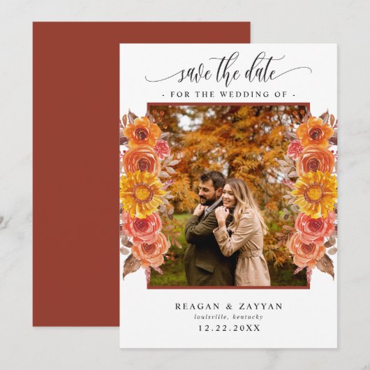 Herfst Terracotta Bloemige Foto Save The Date (Voorkant / Achterkant)