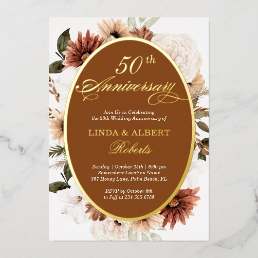 Herfst Terracotta Bloemige Trouw Jubileum Goud Folie Uitnodiging (Voorkant)