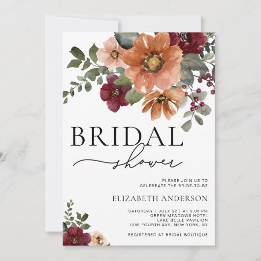 Herfst Terracotta Burgundy Floral Vrijgezellenfees Kaart (Voorkant)