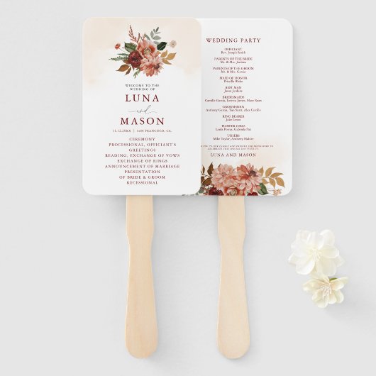 Herfst Terracotta Burgundy Floral Wedding Programm Handwaaier (Voorkant en achterkant)