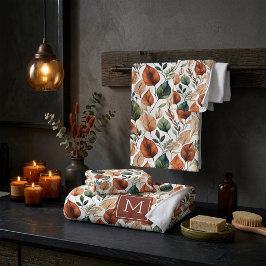 Herfst terracotta en saliebladeren patroon monogra bad handdoek