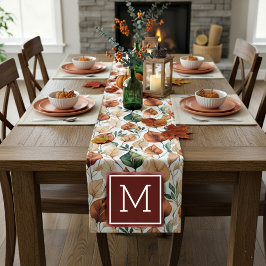 Herfst terracotta en saliebladeren patroon monogra korte tafelloper