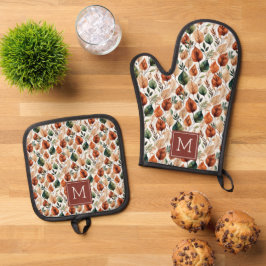 Herfst terracotta en saliebladeren patroon monogra ovenwant & pannenlap set