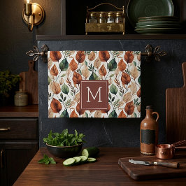 Herfst terracotta en saliebladeren patroon monogra theedoek