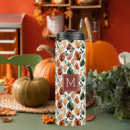 Herfst terracotta en saliebladeren patroon monogra thermosbeker