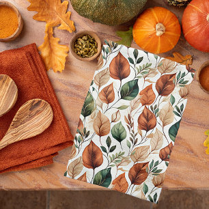 Herfst terracotta en saliebladerenpatroon theedoek