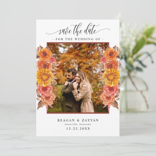 Herfst Terracotta Floral foto slaat de datum op Save The Date (Staand voorkant)