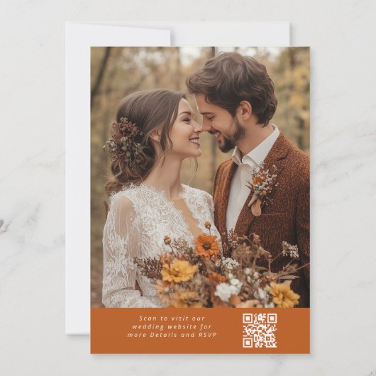 Herfst terracotta Foto elegante QR code bruiloft Kaart (Achterkant)