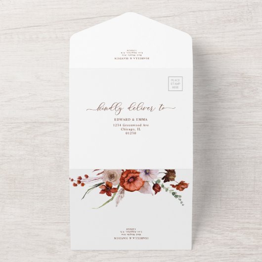 Herfst Terracotta Wildbloemen Bruiloft Details RSV All In One Uitnodiging (Buitenkant)