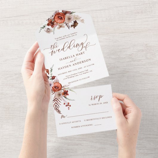 Herfst Terracotta Wildbloemen Bruiloft Details RSV All In One Uitnodiging (Afscheurbaar)