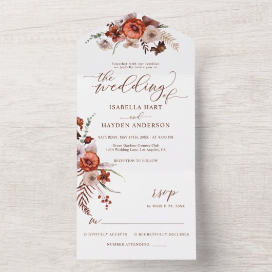 Herfst Terracotta Wildbloemen Bruiloft Details RSV All In One Uitnodiging (Binnen)