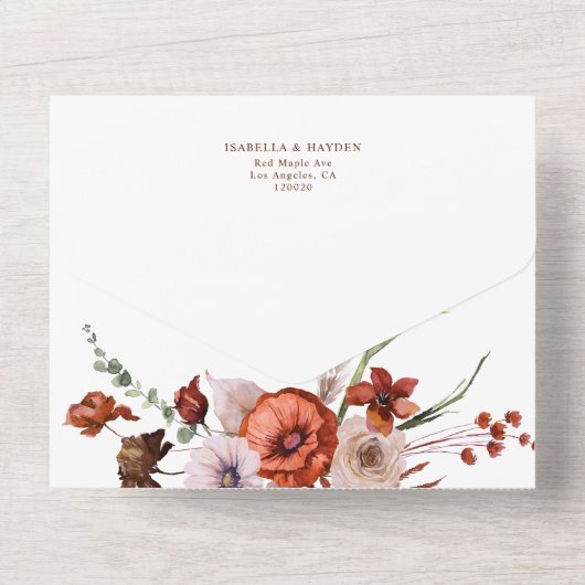 Herfst Terracotta Wildbloemen Bruiloft Details RSV All In One Uitnodiging (Achterkant)