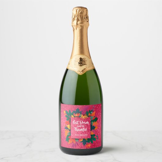 Herfst Thanksgiving Bladeren op Heet Roze Sparkling Wijnetiket (Voorkant)