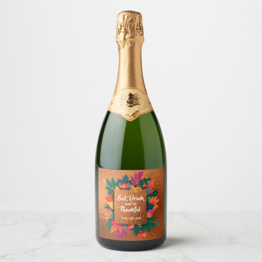Herfst Thanksgiving Bladeren op Koper Sparkling Wijnetiket (Voorkant)