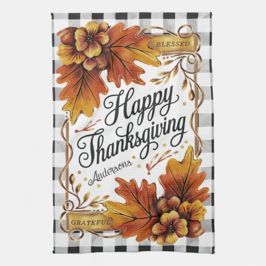 Herfst Thanksgiving Eikenloof Gingham Custom Theedoek (Verticaal)